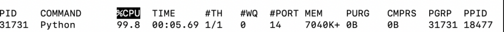 Output of top Showing One Python Process Occupying One CPU Core