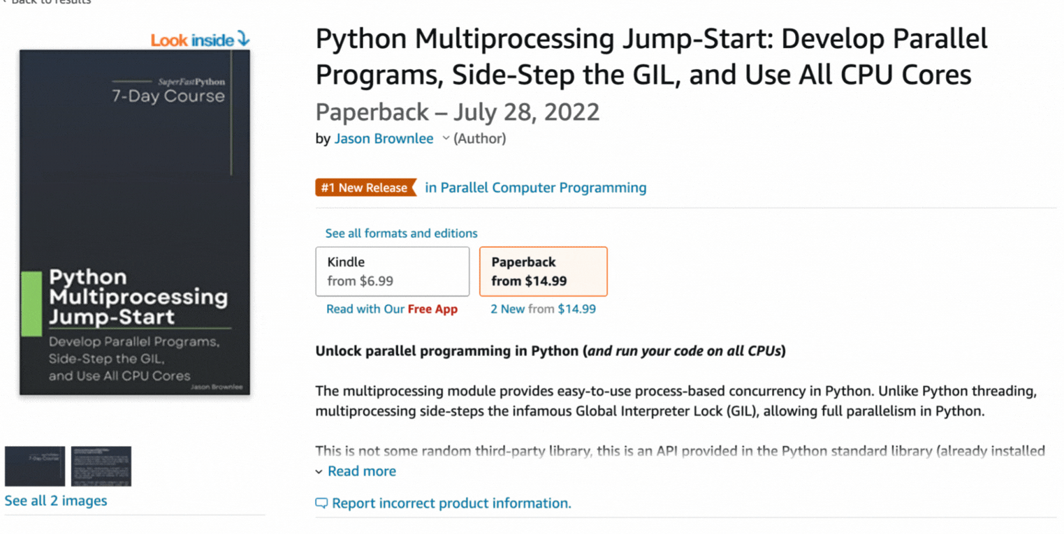 "Python Multiprocessing Jump-Start" was #1 new release in the Category "Parallel Computer Programming"