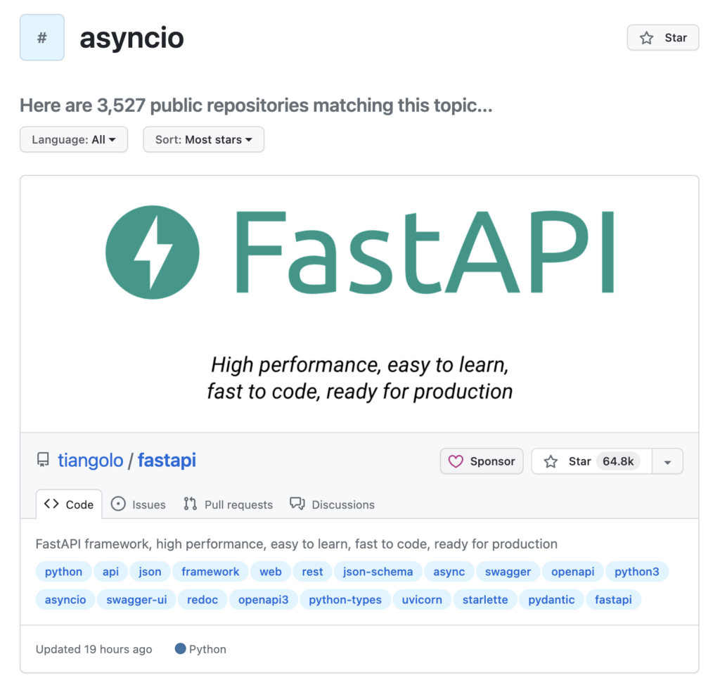 Screenshot of GitHub Asyncio Topic